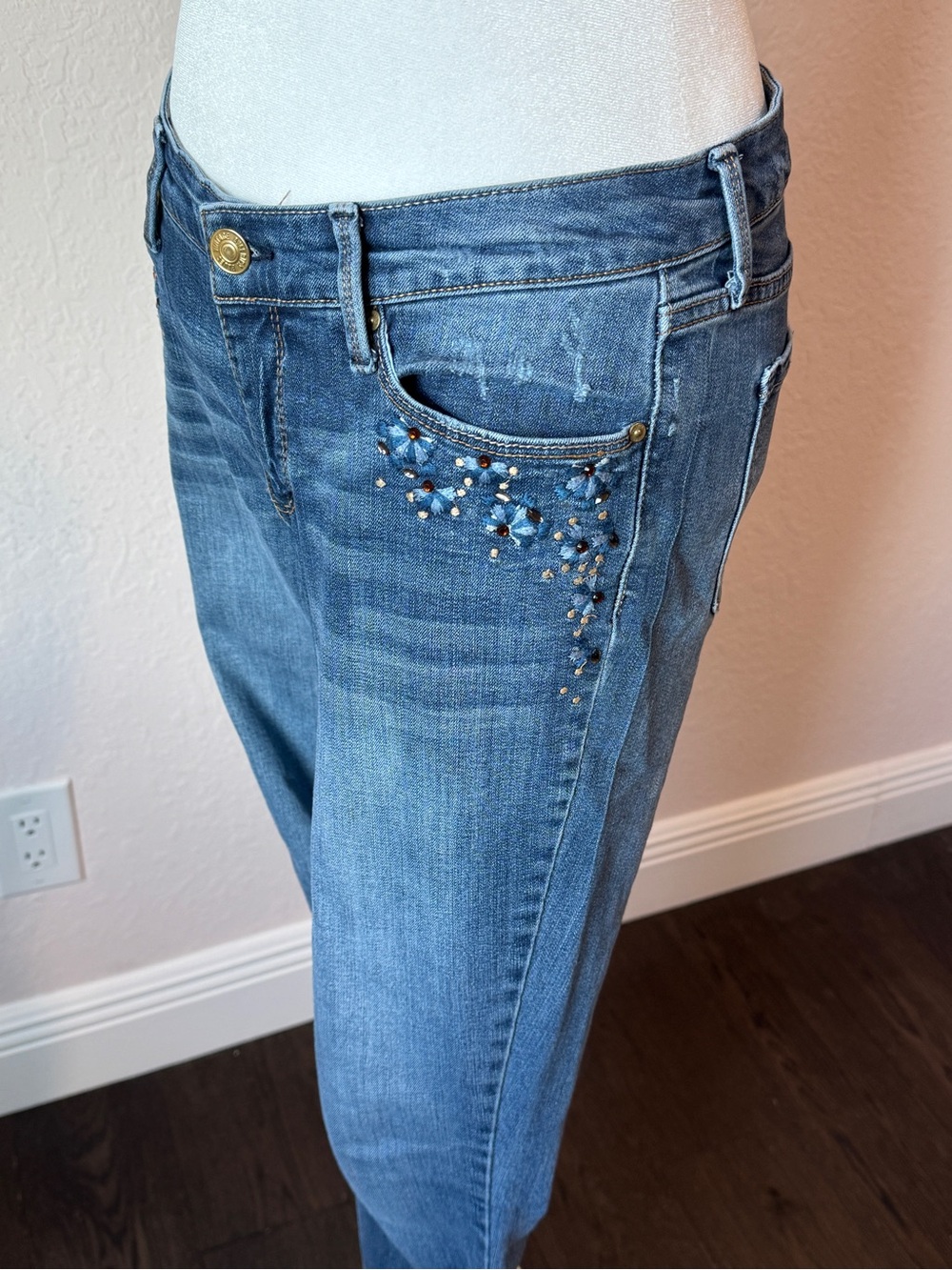 Vintage America Blues Boho Skinny Jeans Floral Embellished Size 8/29
